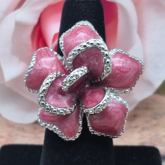 Silver Tone & Pink Enamel Large Statement Flower Ring Size 7 Fashion Cocktail - Picture 5 of 8